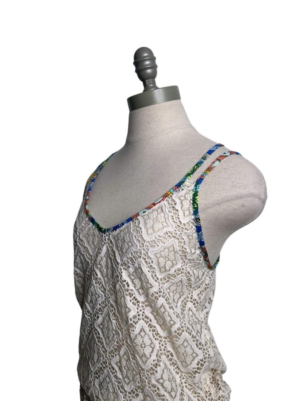 MAAJI Cream Crochet Lace Swim Coverup Romper with Strappy Colorful Trim Medium - Picture 3 of 8